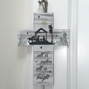 “All is Calm, All is Bright” Cross with Nativity scene, Christmas wall hanging